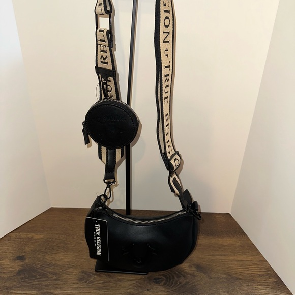 NWT True Religion Black and Tan Crossbody Bag with coin purse and guitar strap. - Picture 10 of 11